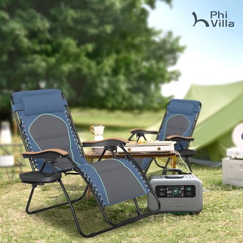 PHI VILLA XXL Oversized Padded Zero Gravity Chair Set of 2, Foldable Patio Recliner, 30" Wide Seat Anti Gravity Lounger with Armrest and Cup Holder, Support 400 LBS (Blue Accents) - color: Blue Accents, style: 2 Pcs