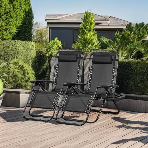 Nazhura Set of 2 Relaxing Recliners Patio Chairs Adjustable Steel Mesh Zero Gravity Lounge Chair Beach Chairs with Pillow and Cup Holder Black - color: Black