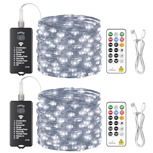 HXWEIYE Rechargeable Fairy Lights with Remote, 2 Pack 33ft 100LED Twinkle Lights with DIY Timer & Light Sensor, Waterproof Outdoor String Lights for Bedroom Patio Christmas Tree Decor, White - color: White, size: 100 LEDs - 2Pack