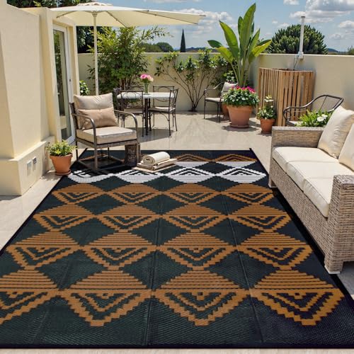 Lahome Waterproof Outdoor Patio Rug 9x12, Reversible Large Outdoor Rug for Patios, Camping Rugs for RV Backyard Deck Picnic Beach Trailer (Black/Brown, 9' x 12') - color: Black/Brown/Checkered, size: 9'x12'