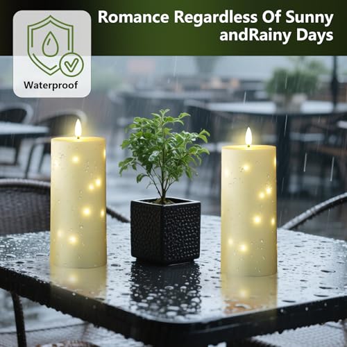 kakoya 10" x 4" Large Outdoor Waterproof Flickering Flameless Candles with Timer,2Pcs Battery Operated LED Pillar Candles with Embedded Star String for Outdoor Lanterns,Porch,Patio Decor(Ivory) - color: Ivory, size: 2PCS-D4"xH10"