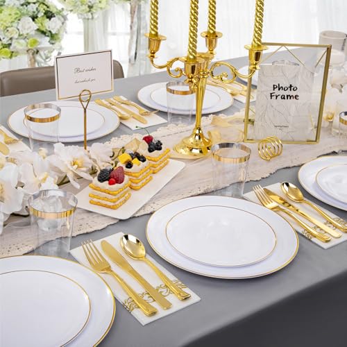 Supernal 350pcs White and Gold Plastic Plates,Gold Plastic Dinnerware for 50 Guests Include 100 White Disposable Plate, 150 Gold Silverware Set, 50 Disposable Cups, 50 Napkins - color: 350pcs White Plastic Plates with Gold Rim