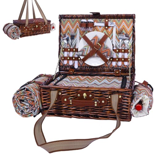 Neti Neti Wicker Picnic Basket for 2 Boho with Insulated Cooler & Waterproof Blanket – Large Willow Picnic Hamper for Outdoor, Camping, Beach, Romantic Dates, Valentine’s Day - color: Boho 3