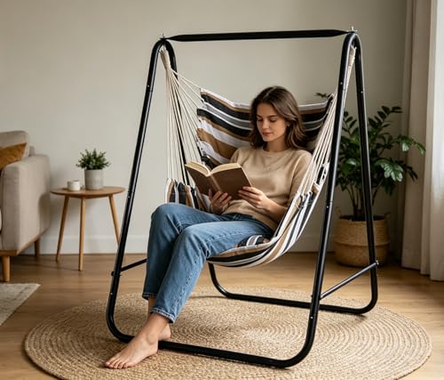 Hammock Chair with Stand,Hammock Chair Stand with Hanging Swing Chair Included,Weather Resistant Hammock Stand Max 450 Lbs,Saving Space Swing Stand for Indoor Outdoor Patio Yard Patented(Coffee)