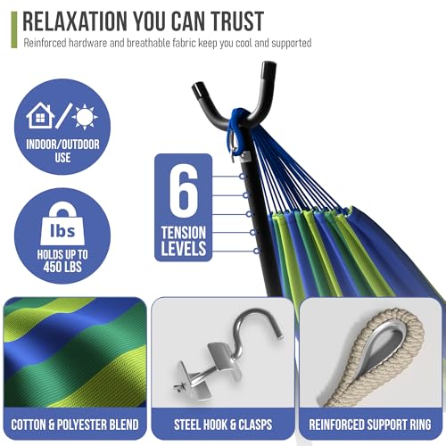 Sorbus 2-Person Hammock with Stand – 60" Cotton Blend Bed, Heavy Duty 450lbs Capacity, Portable with Carrying Case – for Garden, Patio, Outdoor, Camping, Gifts – Washable - color: Blue/Green