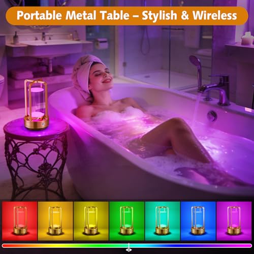 Portable Table Lamp for Outdoor Indoor: Cordless Rechargeable Desk Lamp with 10 Colors - Shower Lamp with Stepless Dimmable - Metal Battery Operated Lantern Light for Bedroom/Bar/Coffee Shop/Camping - color: Gold+RGB