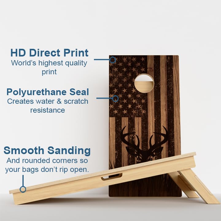 CornholeGamesUSA Pro Cornhole Boards Set | Made in USA | 3/4 Baltic Birch | No Bounce | Triple Thick Legs | Two Brace & Handles, Tournament 2x4 Regulation Set with Score Tower & Cornhole Bags - color: Deer Engraved Wood