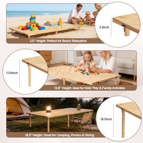 Folding Picnic Table 60x30in, Solid Wood Portable Low Floor Table, Mortise & Tenon Joints, Adjustable Height, Boho Table for Beach Camping Garden Party, Runner Included, Seats 4-6