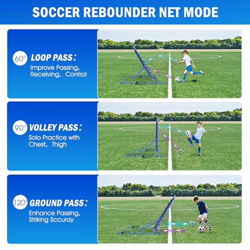 Soccer Baseball Volleyball Rebounder Net, Quick-Switch Angle Dual-Sided/Dual/Three Mode Goal Net Multi-Sport Pitchback Rebound for Control, Passing Practice, Easy Setup Bounce Back Training Gifts - size: 5FTx4FT