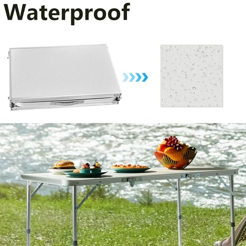 Outvita 4ft Portable Folding Picnic Table, Outdoor Waterproof 2 Level Adjustable Height Camping Table, Aluminum Lightweight Suitcase Foldable Table for Picnic BBQ Beach Dining - color: Silver, size: 47*24*26