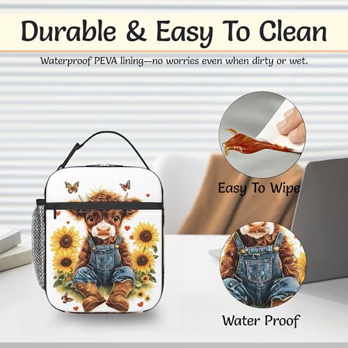 Insulated Lunch Bag,Cute Highland Cow Durable Lightweight Lunch Box for Kids,Rustic Sunflower Portable Thermal Picnic Cool Bags Girls Boys School Daycare,Work,Camping - color: Cute Highland Cow