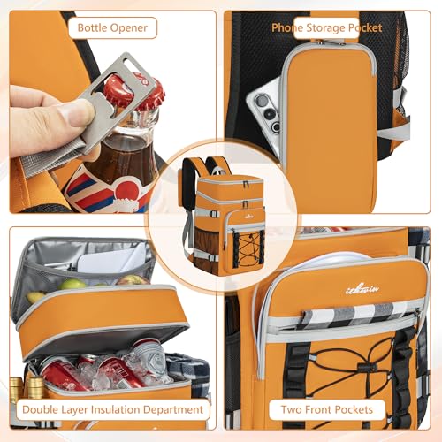 Cooler Backpack, 40 Cans Insulated Lunch Backpack Picnic Backpack for Men&Women, Durable Cooler Bag with 2 Leak Proof Compartments for Picnic, BBQ Camping, Lunch, Beach, Hiking, Orange - color: Orange