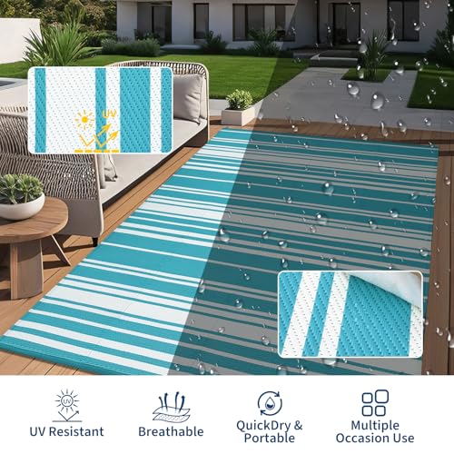 GarveeHome Modern Geometric Lines 9x18 Outdoor Large Rugs Non Shedding Reversible Plastic Straw Indoor Outdoor Rugs UV-Resistant Portable Outside Carpet for Trailer Backyard Balcony, Light Blue White - color: Geometric Stripes| Teal White, size: 9' x 18'