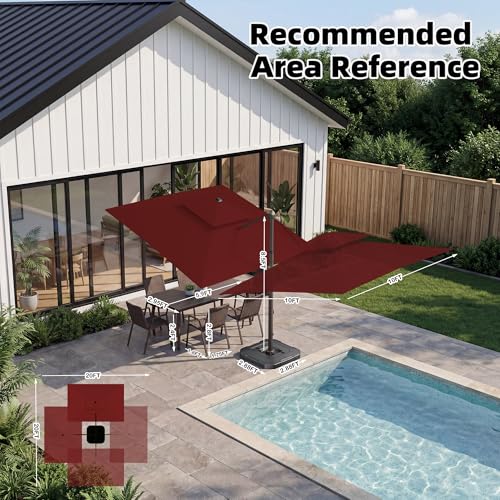 10x10 FT Cantilever Patio Umbrella Double Top Outdoor Square Large Heavy Duty Aluminum Offset Umbrellas with 7 Level Tilt 360-degree Rotation for Pool Garden Deck, Wine Red - color: Wine Red, size: 10' X 10' - Umbrella Only
