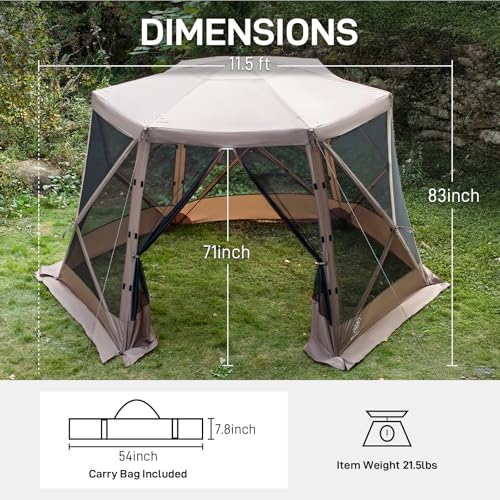 EVER ADVANCED Pop up Screen House Tent for Camping 11.5 x 9.8 ft, Instant Screened Gazebo Canopy with Netting, Portable Shelter Enclosure for Outdoor, Backyard, Khaki - color: Khaki
