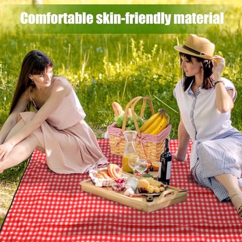 Patelai Wicker Picnic Basket Natural Hand Woven Basket with Double Folding Handles, Willow Hamper Baskets with Blanket for Outdoor Picnic Summer Spring Camp Family(Red and White Grid) - color: Red and White Grid