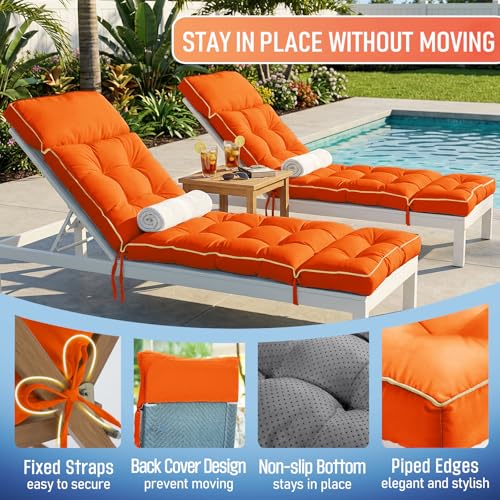 MAGIC ELEPHANT Chaise Lounge Cushions Outdoor, Memory Foam Replacement Patio Pool Lounge Chair Cushion with Ties for Outdoor Furniture, 74 x 22 x 4 Inch (Orange) - color: Orange