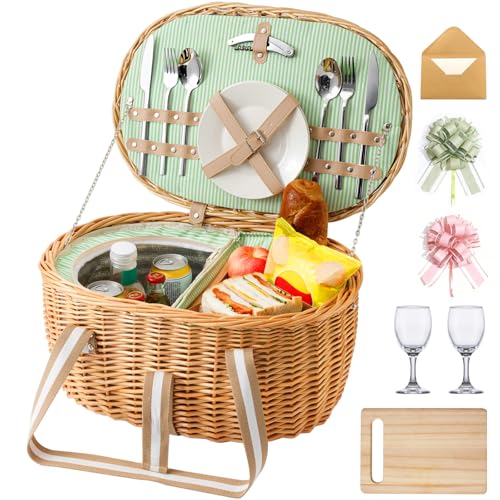 Picnic Basket for 2, Extra Large Wicker Picnic Basket Insulated, Handwoven Vintage Willow Picnic Set, 2 partitions, 8.4 Gal, Portable Camping, Outdoor, Couples Wedding Gifts, Date, Natural - size: Oval with Tableware