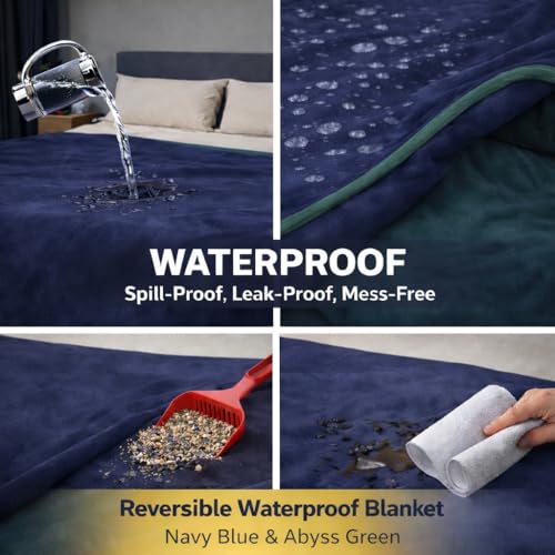 Waterproof Blanket for Bed, Couch, Kids & Pets Protection – Splash-Proof, Spill-Proof, Leakproof Flannel Blanket Reversible Design (Navy Blue & Abyss Green, 60x80) - color: Navy Blue & Abyss Green, size: Full