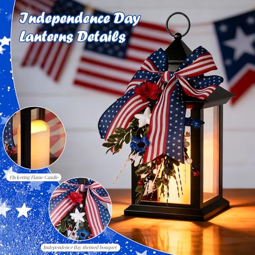 JOIONE Lanterns Decorative Indoor for 4th of July, 2 Pack 14" 250th Anniversary Patriotic Red White Blue Hanging Lantern with Timer, Battery Operated Waterproof Independence Day Outdoor Porch Decor - style: Patriotic Decorative Lantern