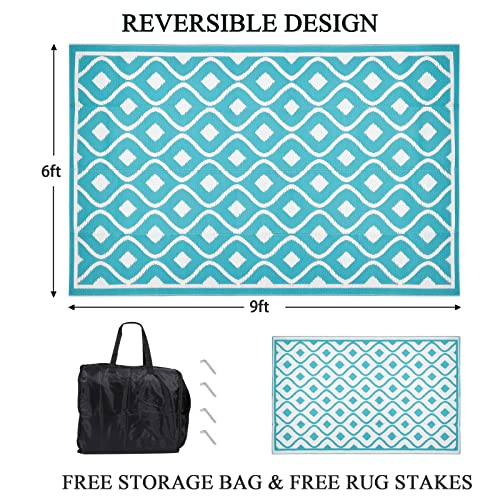 Pauwer Waterproof Outdoor Rug 6x9, Reversible Plastic Straw Patio Camping Rug, Indoor Outdoor RV Mat Carpet for Deck, Camper, Porch, Balcony, Backyard, Picnic, Geometric Teal - color: Geometric Teal, size: 6' x 9' (Rectangular)