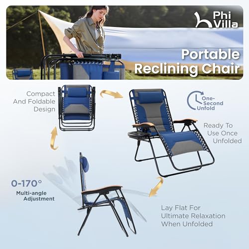 PHI VILLA XXL Oversized Padded Zero Gravity Chair, Foldable Patio Recliner, 30" Wide Seat Anti Gravity Lounger with Cup Holder, Support 400 LBS (Thumb Blue) - color: Blue, style: 1 Pcs