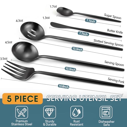 5-Piece Matte Black Stainless Steel Serving Utensils Set - Large and Slotted Spoons, Fork, Sugar Spoon, Butter Knife - Dishwasher Safe - color: Black
