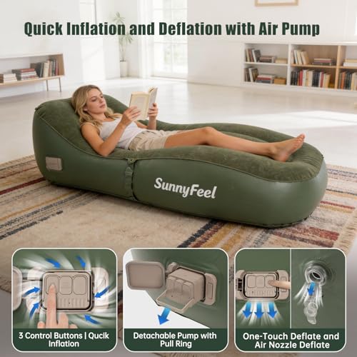 SUNNYFEEL Inflatable Lounger Couch with Built-in Pump, Heavy Duty PVC Flocked Inflatable Sofa Chair for Adults, Portable Air Lounger for Camping, Beach, Home & Outdoor, Army Green - color: Army Green