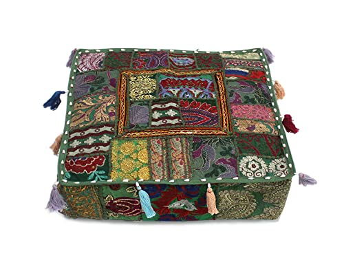 Mam Treasures Indian Bohemian Decorative Pillow Vintage Cushion Cover Patchwork Square Floor Pillow Cover Meditation Cushion Large Floor Pillow Indian Cushion (Dark Green, 18 X 18 X 5 Inch) - color: Dark Green, size: 18" x 18" (Pack of 1)