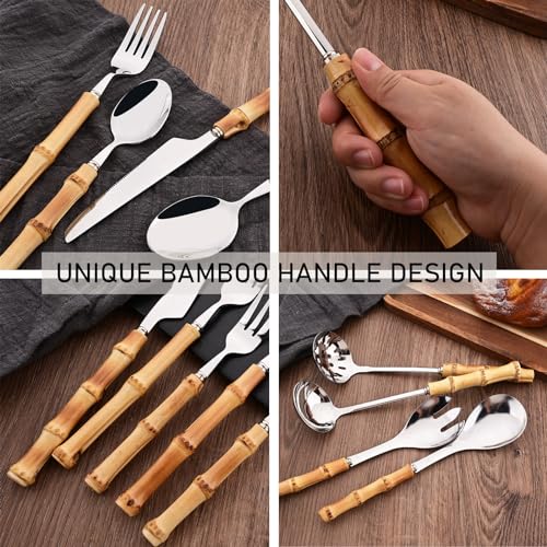 50PCS Silverware Set for 10, Bamboo Handle Flatware Set, Stainless Steel Cutlery Set for Home Restaurant and Party, Bamboo Forks Spoons and Knives Set, Polished Tableware - color: 50-Piece Service for 10