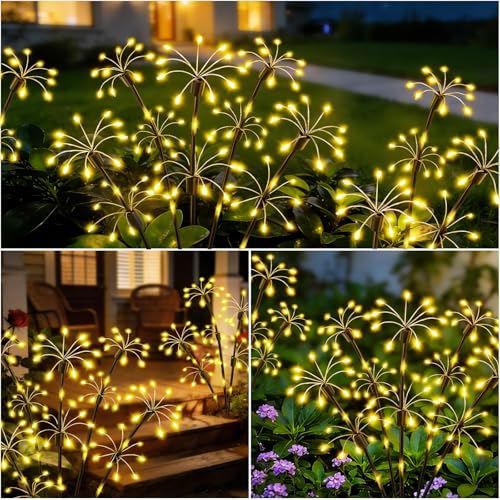 Solar Garden Lights Outdoor, 4 Pack 2-Layer Swaying Firework Lights, Waterproof Starburst Fairy Light Garden Decor for Yard Patio Pathway Lawn, Gardening Gifts for Women Mom Grandma Mother's Day - color: Warm White