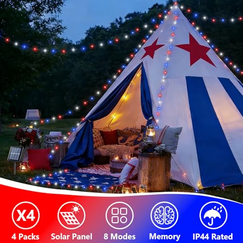 YEGUO 4 Pack Red White and Blue Solar Lights, Each 33ft 100 LED 4th of July Solar Fairy Lights Outdoor Waterproof, 8 Modes Sliver Wire Patriotic String Lights for Independence Memorial Day Decoration - color: Red White and Blue