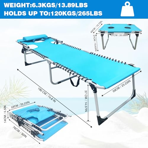 Sun Tanning Chair with Face Hole 5-Position Folding Lounge Chair Outdoor with Portable Beach Table for Poolside Sunbathing Camping Lawn Backyard - color: Blue, size: Tanning Chairs Standard