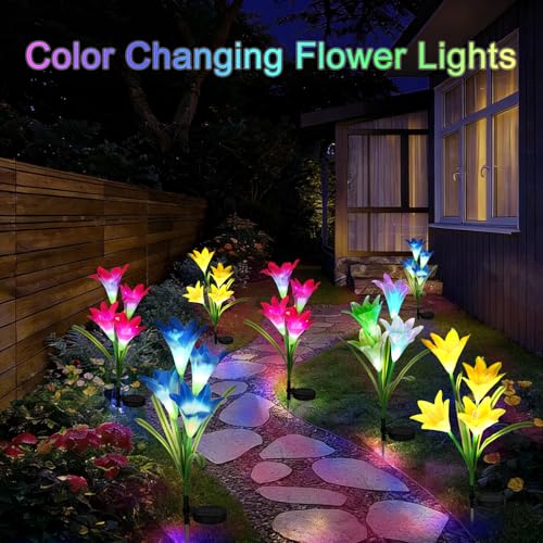 echosari 4 Pack Color Changing Solar Lights Outdoor Waterproof, Solar Lily Flower Stake Lights Auto ON/Off Solar Garden Lights for Lawn Pathway Landscape Garden Gifts for Mom Women Grandma - color: Multi-color Lily Flower