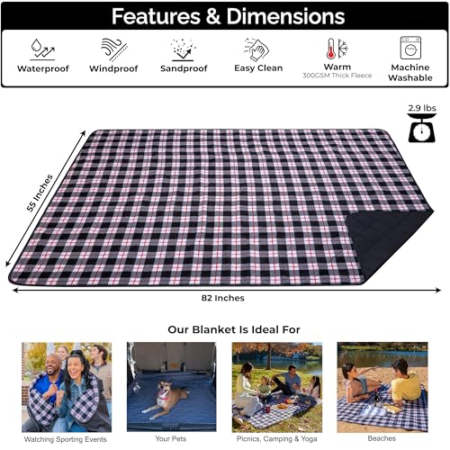 BRAWNTIDE Large Outdoor Waterproof Blanket - Extra Thick Fleece, Warm, Windproof, Sandproof, Quilted, 82" x 55", Ideal for Beaches, Picnics, Camping, Stadiums, Dogs, Car - color: Plaid Black