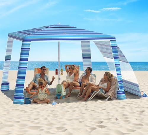 Rhino Valley Beach Cabana, 8 * 8FT Beach Tent UPF50+ Protection, Easy Setup Beach Canopy Wind Resistant with Cup Holder, Compact Beach Shade Foldable Beach Tent Sun Shelter, Blue Four Stripes - color: Blue Four Stripes
