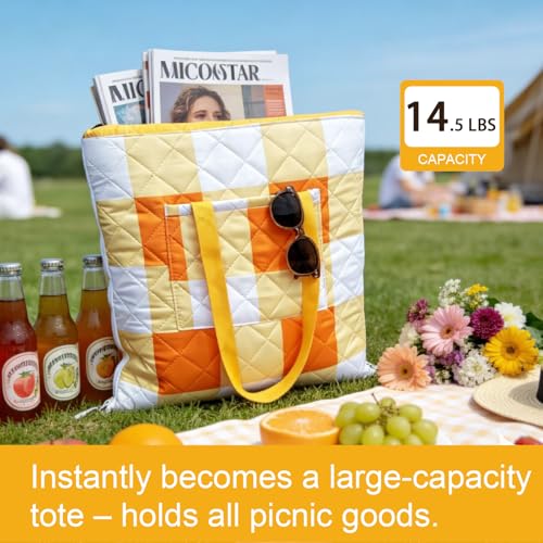 2 in 1 Tote Picnic Blanket Waterproof Outdoor Camping Mat,Large Capacity Beach Blanket 80''x80'' 7 Layers Easy to Foldable and Carry. - color: Yellowcheck