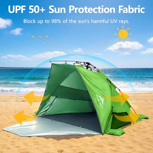 Three Bears Pop Up Beach Tent Sun Shade Shelter for 3-4 Person, UPF 50＋ UV Protection, Lightweight & Easy Setup Beach Shade Canopy, Portable Beach Shade Tent Beach Cabana (Green) - color: Green