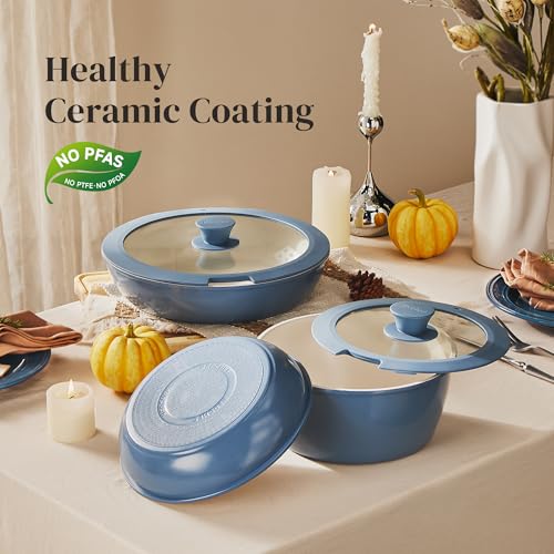 Redchef 16pcs Ceramic Nonstick Pots and Pans Set, Kitchen Cookware Set with Removable Handle, Non Toxic Cookware Set, PFAS PFOA & PTFE Free, RV Ceramic Cookware for Camping, Dishwasher/Oven Safe - size: 16 pcs Blue