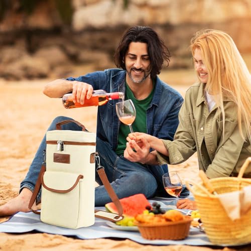 Tirrinia 2 Bottle Wine Gift Tote Carrier - Leakproof & Insulated with large pockets Wine Cooler Bag for Travel, Wine Tasting, Party, Dinner, Great Gift for Wine Lover - color: Beige, size: 2 Bottle-with front pocket