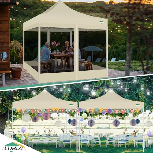 COBIZI 10x10 Canopy Tent with 4 Sidewalls,Heavy Duty Pop up Canopy with Mosquito Netting,Easy up Screen Tent for Parties Wedding Outdoor Camping with Handbag,Khaki - color: Khaki, size: 10x10ft(upgraded)