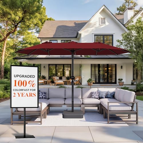 GDPFN 15ft Large Patio Umbrella with Solar Lights, Outdoor Double-Side Rectangular Umbrella with Base Included, Backyard Pool Umbrella with LED Light for Deck, Outside, Market, Burgundy - color: Burgundy, size: Base&led