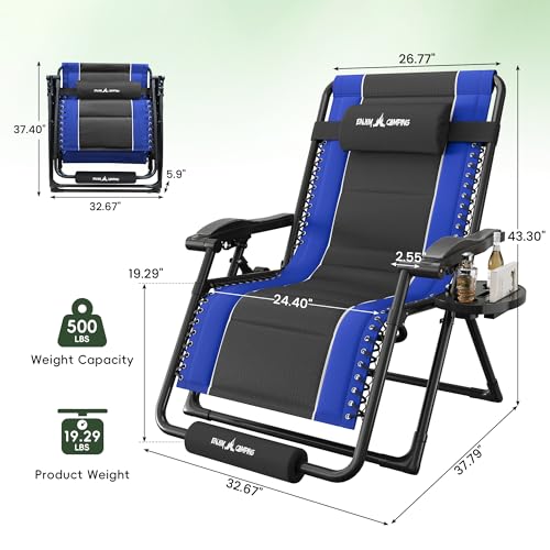 Amopatio Foldable Zero Gravity Chair Oversized Outdoor Reclining Chair 500LB Weight Capacity XXLPatio Recliner with 0-170° Adjustable Backrest Heavy Duty Lounge Chair with Cup Holder,Blue-Black - color: Blue-black, style: 33in-1pc