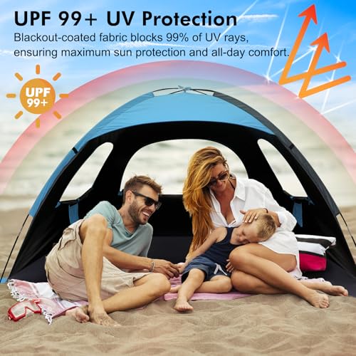 WhiteFang Beach Tent Anti-UV Portable Sun Shade Shelter for 3/4/6/8 Person, Extendable Floor with 3 Ventilating Mesh Windows Plus Carrying Bag, Stakes and Guy Lines - color: Blackout Shelter-Blue, size: 3 Person