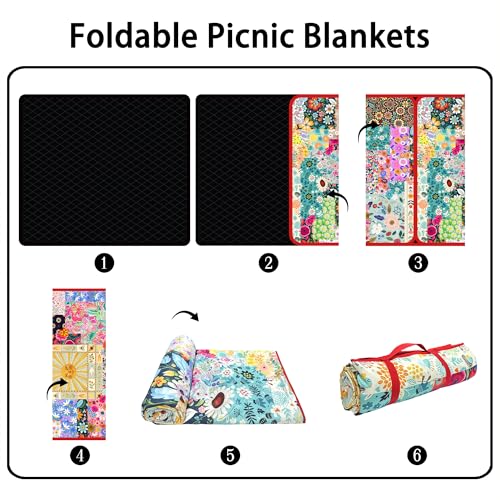 Supfitness Extra Large Picnic Blankets Waterproof Foldable (60 "x 80") Beach Blanket Waterproof Sandproof,3-Layer Thicking Mat Outdoor Packable Camping Blanket - color: Flower, size: 60x80in