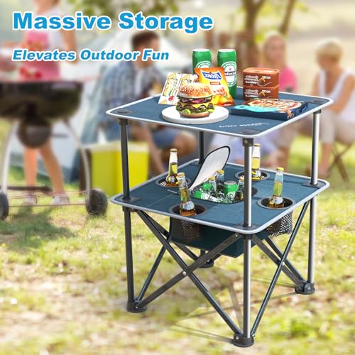 Folding Beach Table, Camping Table for Sand with Insulated Cooler Storage & 4 Cup Holders, Portable Pop Up Picnic Table, Lightweight Side Table for Outdoor - color: Blue-gray With Basic Insulation