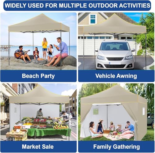 COBIZI 10x10 Heavy Duty Pop up Canopy with 4 Removable Sidewalls, Canopy Tent with Portable Bag, Pop up Tent Commercial Gazebo Waterproof Sunshade for All Weather Party Camp Stall Patio,Khaki - color: Khaki, size: 10x10ft