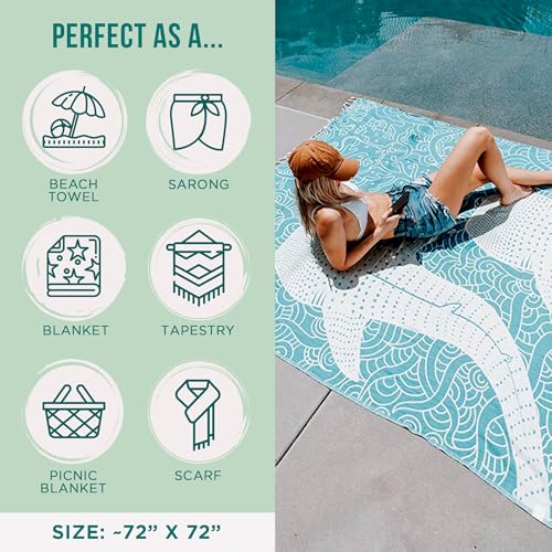 Sand Cloud Large Turkish Beach Towel - Sand Free - 100% Organic Turkish Cotton Yarn - Quick Dry Towel for Beach, Picnic, Blanket or Bath - As Seen on Shark Tank - Marine Life (Whale Shark Turquoise) - color: Whale Shark Turquoise, size: X-Large