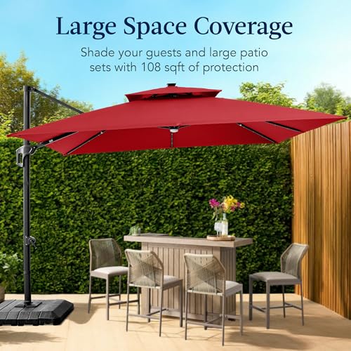 Best Choice Products 9x12ft LED Cantilever Patio Umbrella w/Base Included & 360° Rotation, Large Solar Offset Hanging Outdoor Sun Shade for Deck, Backyard Table w/Stand & Lights – Red - color: Red, size: 9x12ft