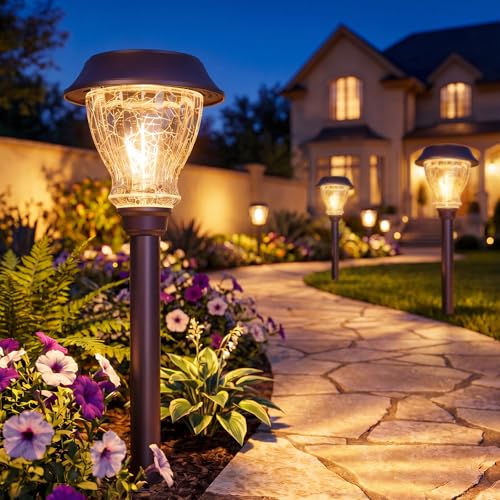 XMCOSY+ Solar Pathway Lights Outdoor, 8 Pack Decorative Crackled Glass Garden Lights, Soft Warm White Glow, Auto On/Off Waterproof Landscape Lighting for Yard Walkway Patio - size: 8 Packs